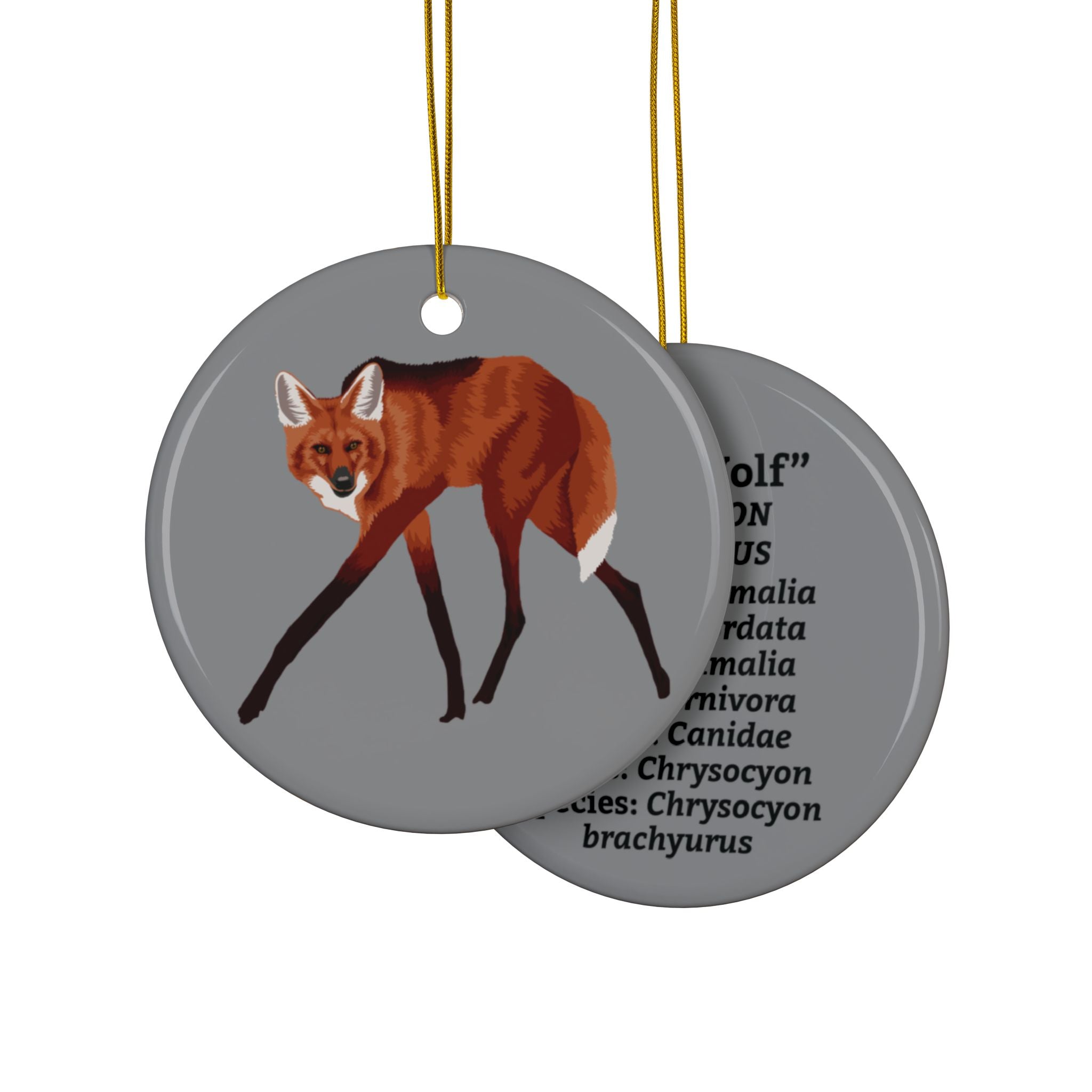 Ceramic Maned Wolf Ornament — Double-Sided Scientific Name Holiday Decor