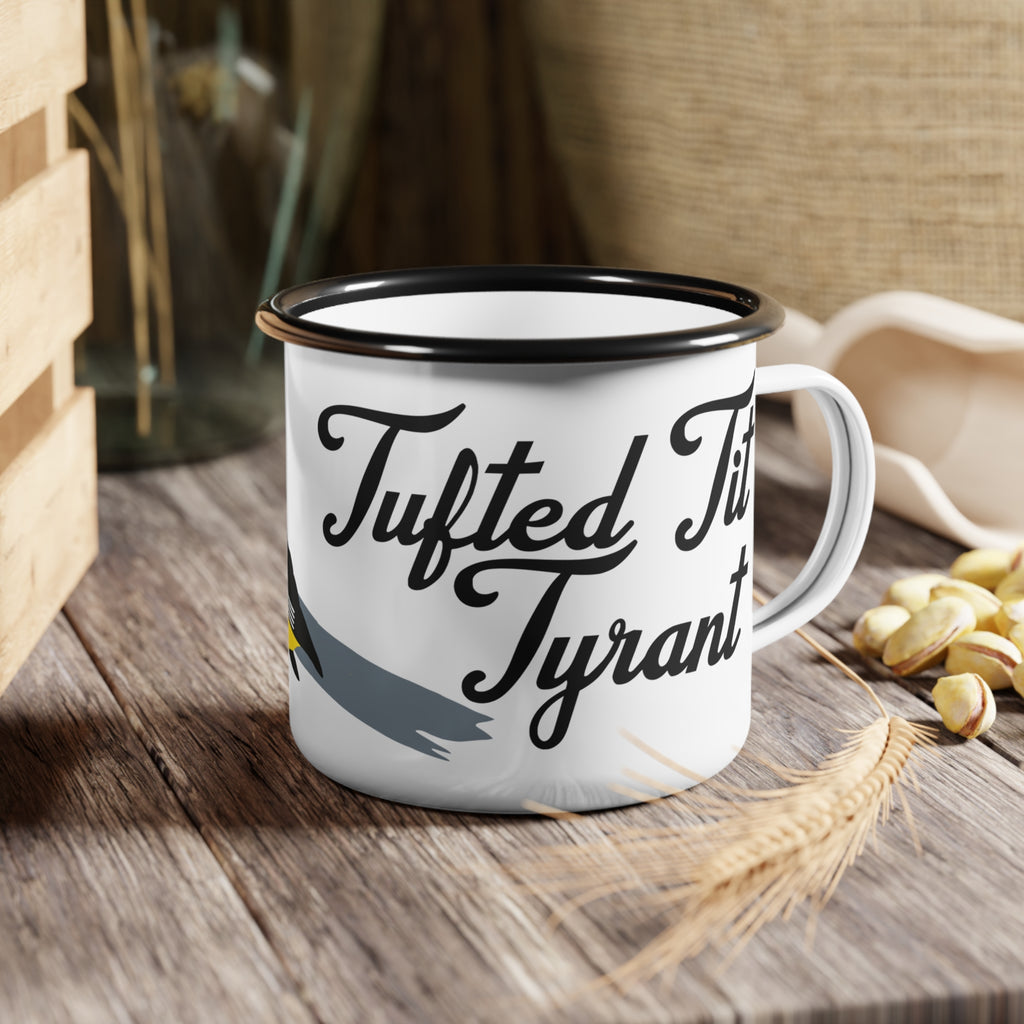 Tufted Tit Tyrant Enamel Camp Cup — Funny Birding Coffee Mug