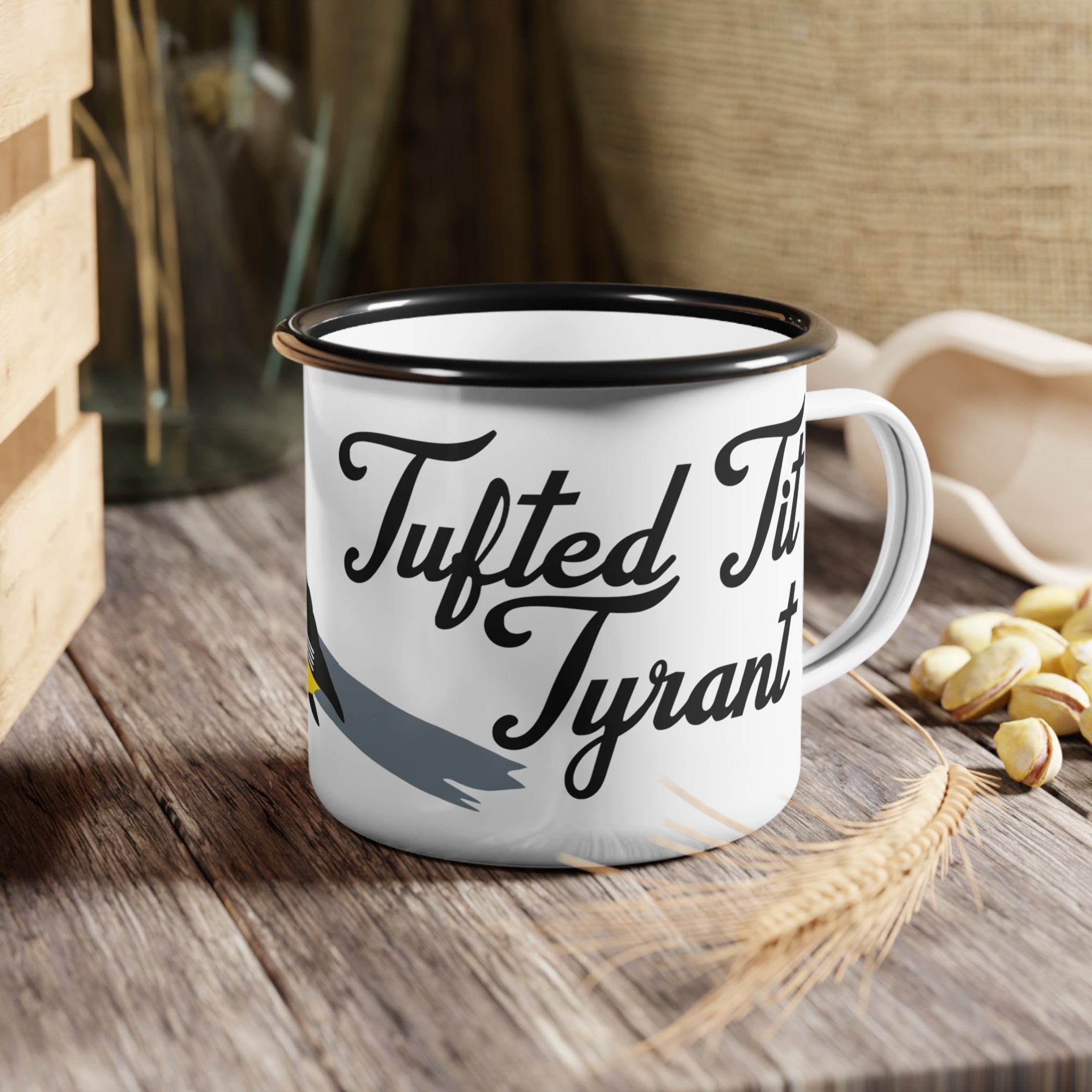 Tufted Tit Tyrant Enamel Camp Cup — Funny Birding Coffee Mug