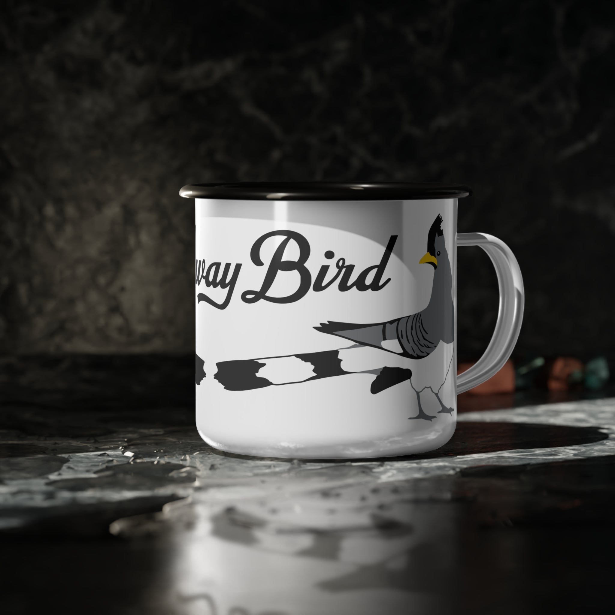 Enamel Camp Cup — 'Go Away Bird' Vintage Roadrunner Mug for Campers & Bird Lovers