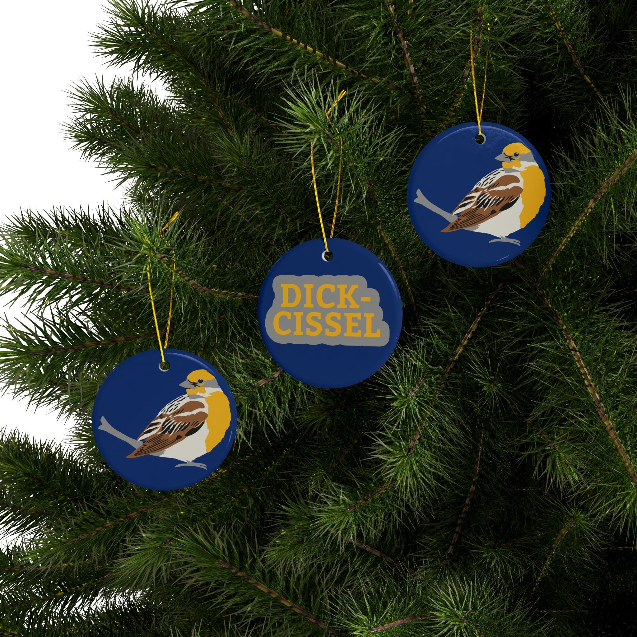 Ceramic Bird Ornament – Double-Sided Dickcissel Design (Round Holiday Tree Decoration)