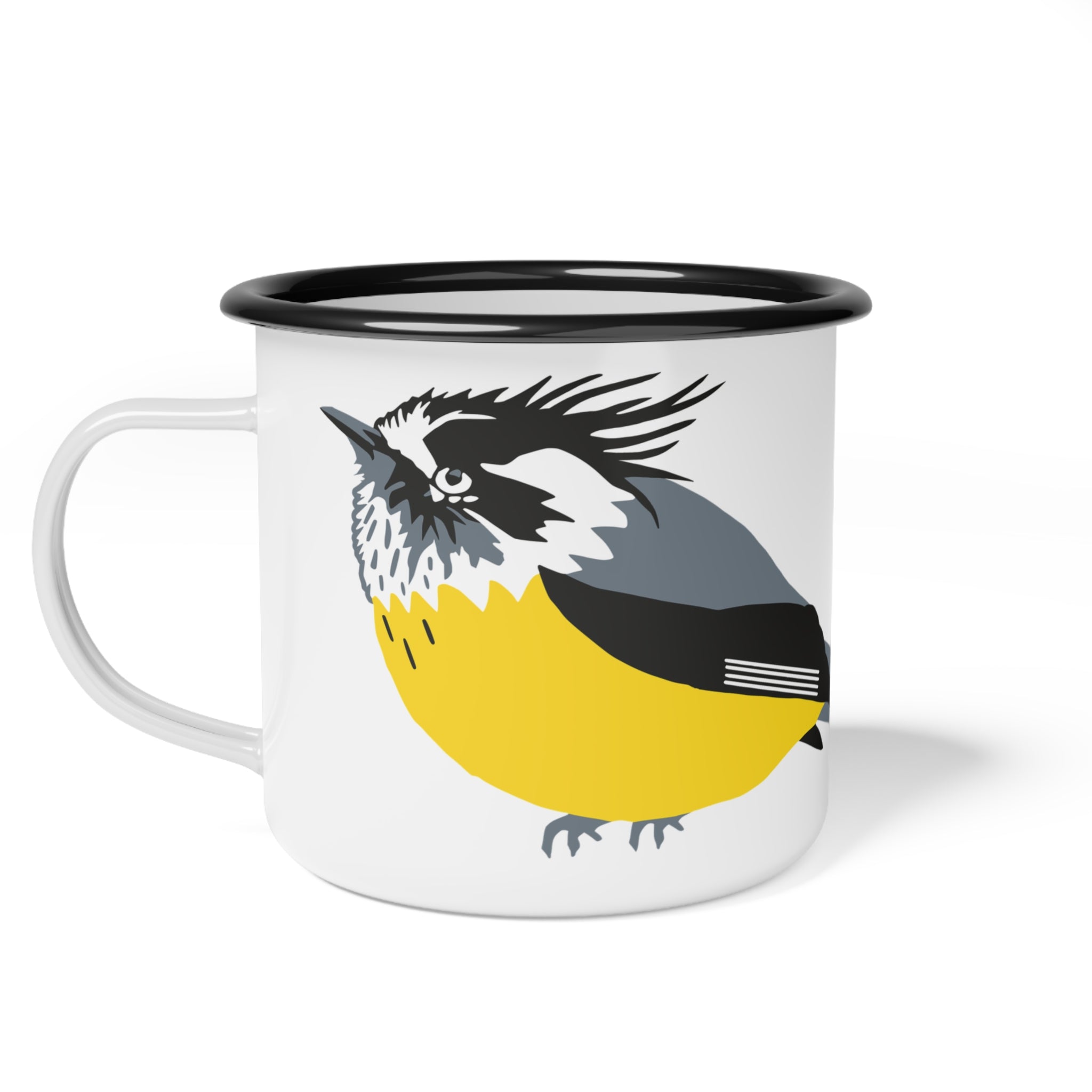 Tufted Tit Tyrant Enamel Camp Cup — Funny Birding Coffee Mug