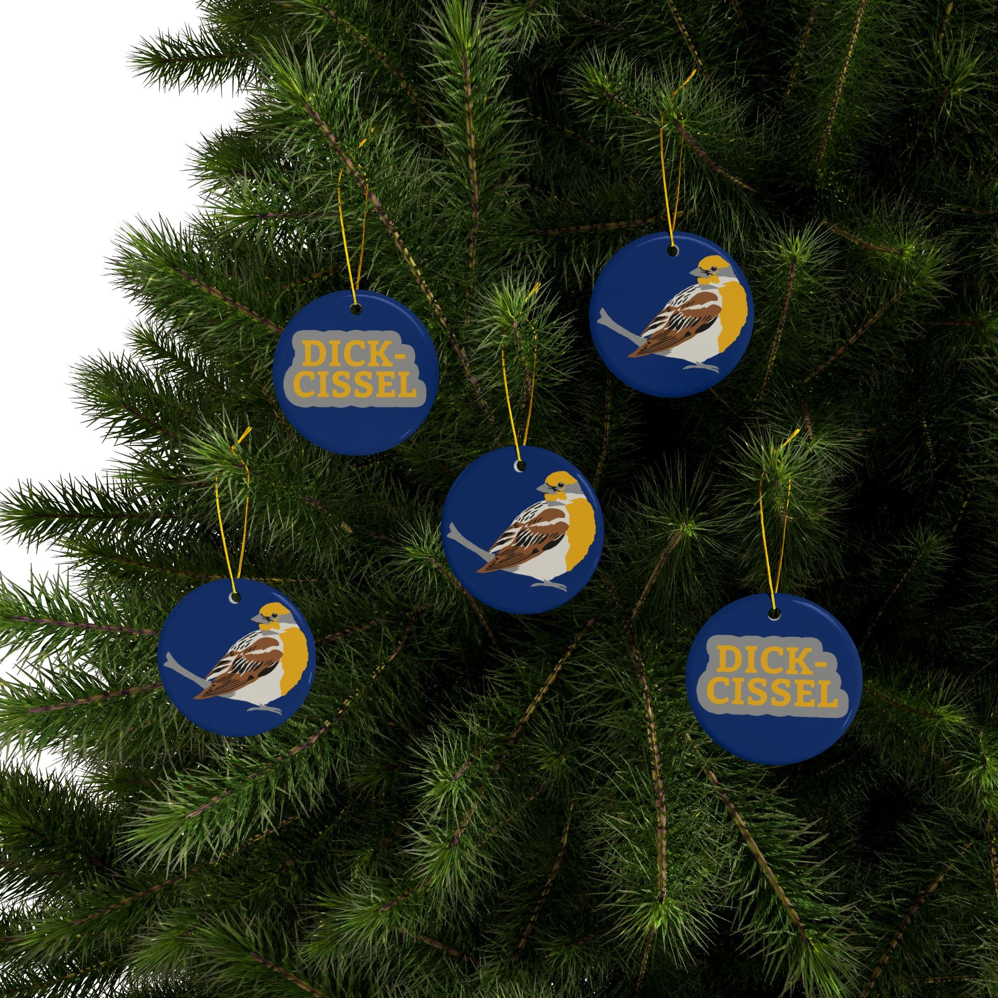 Ceramic Bird Ornament – Double-Sided Dickcissel Design (Round Holiday Tree Decoration)