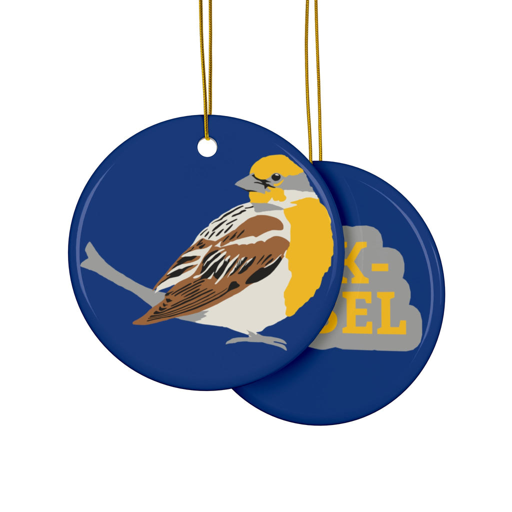 Ceramic Bird Ornament – Double-Sided Dickcissel Design (Round Holiday Tree Decoration)