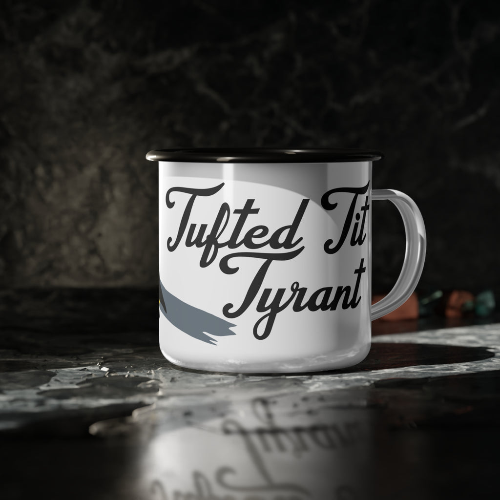 Tufted Tit Tyrant Enamel Camp Cup — Funny Birding Coffee Mug
