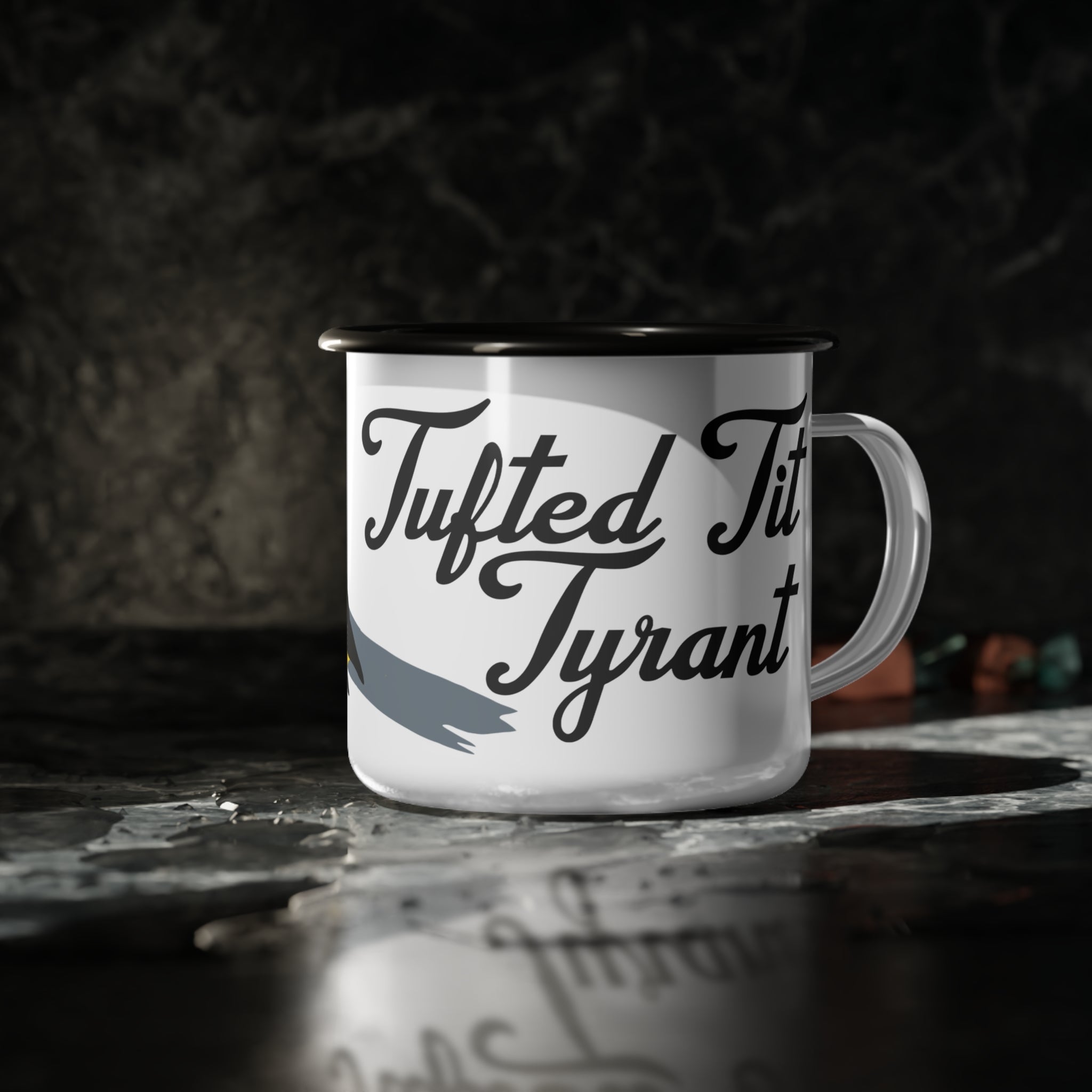 Tufted Tit Tyrant Enamel Camp Cup — Funny Birding Coffee Mug