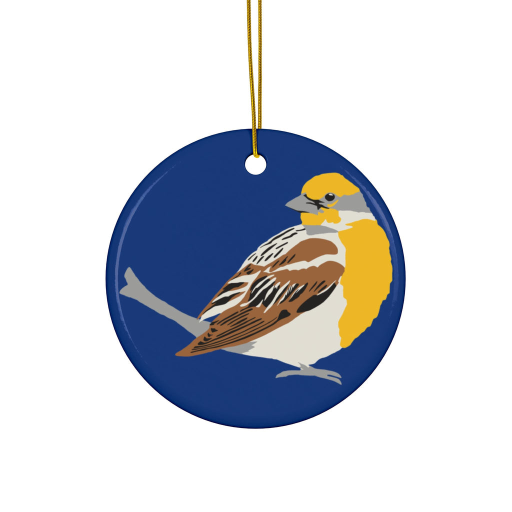 Ceramic Bird Ornament – Double-Sided Dickcissel Design (Round Holiday Tree Decoration)