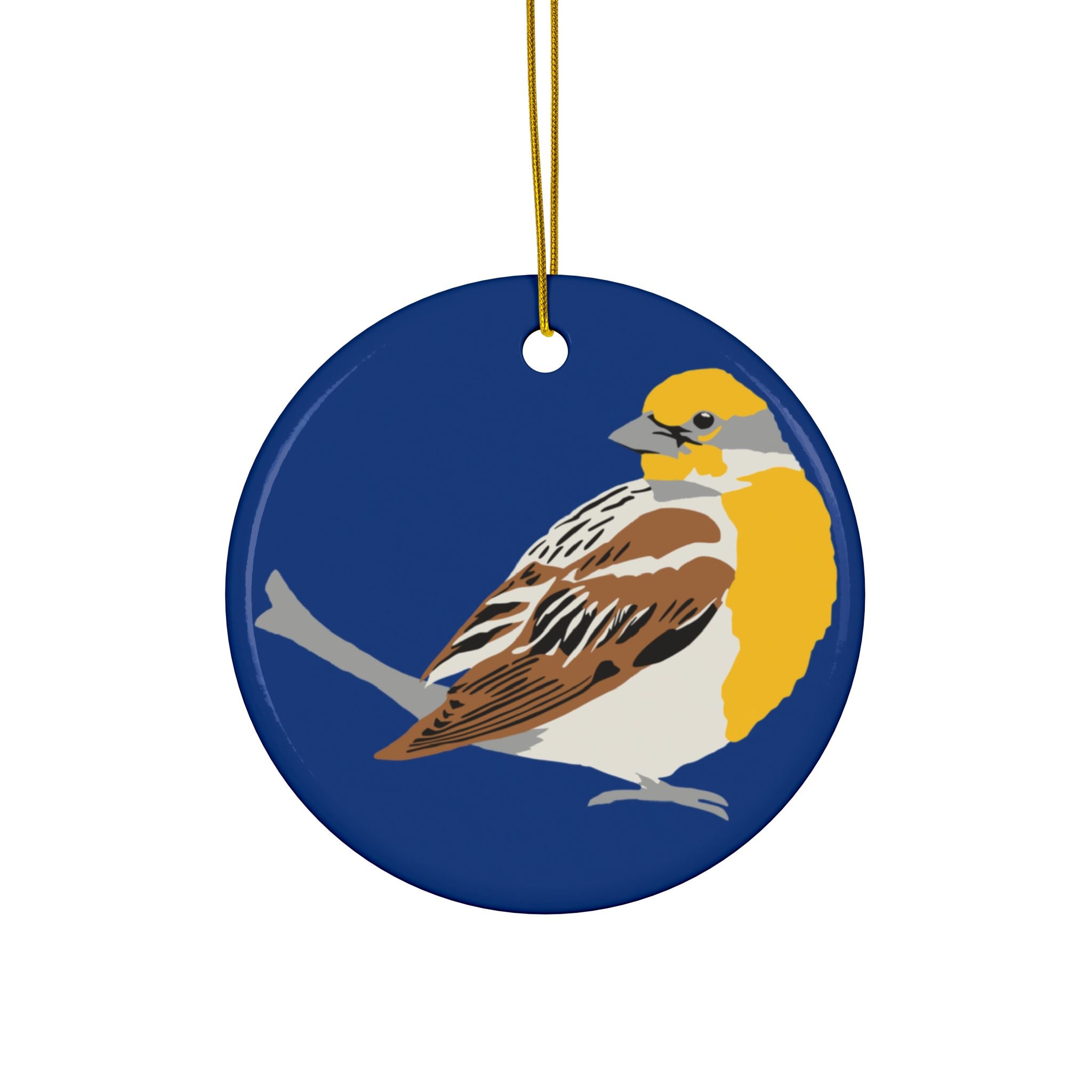 Ceramic Bird Ornament – Double-Sided Dickcissel Design (Round Holiday Tree Decoration)