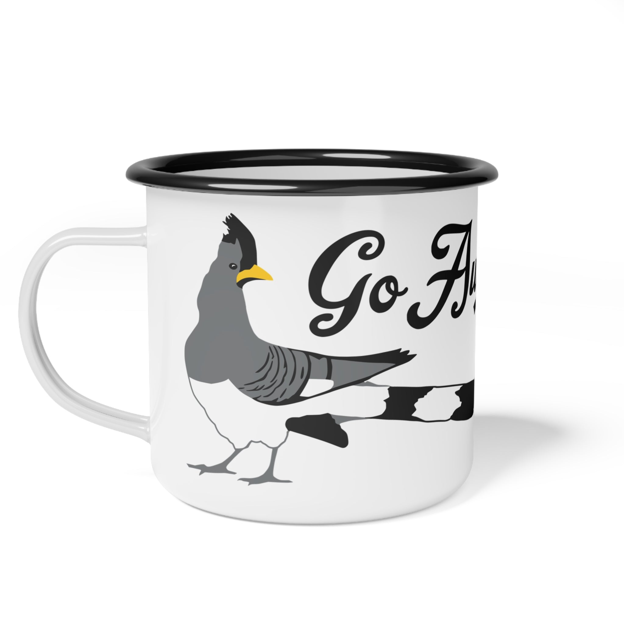 Enamel Camp Cup — 'Go Away Bird' Vintage Roadrunner Mug for Campers & Bird Lovers