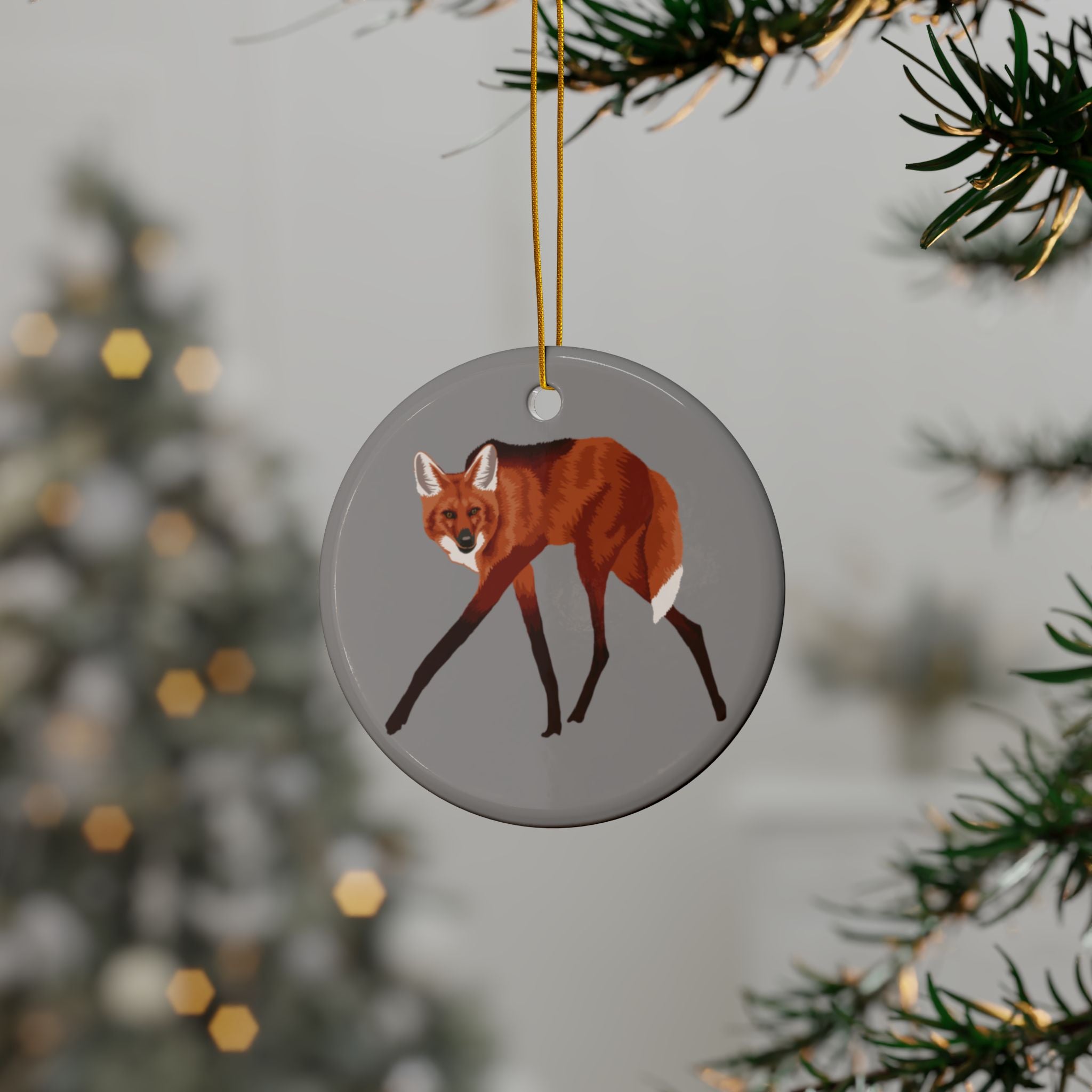 Ceramic Maned Wolf Ornament — Double-Sided Scientific Name Holiday Decor