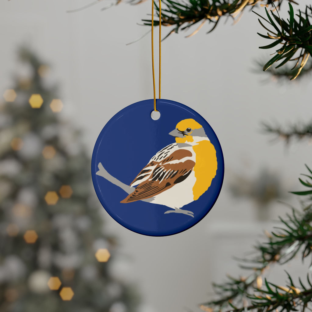 Ceramic Bird Ornament – Double-Sided Dickcissel Design (Round Holiday Tree Decoration)