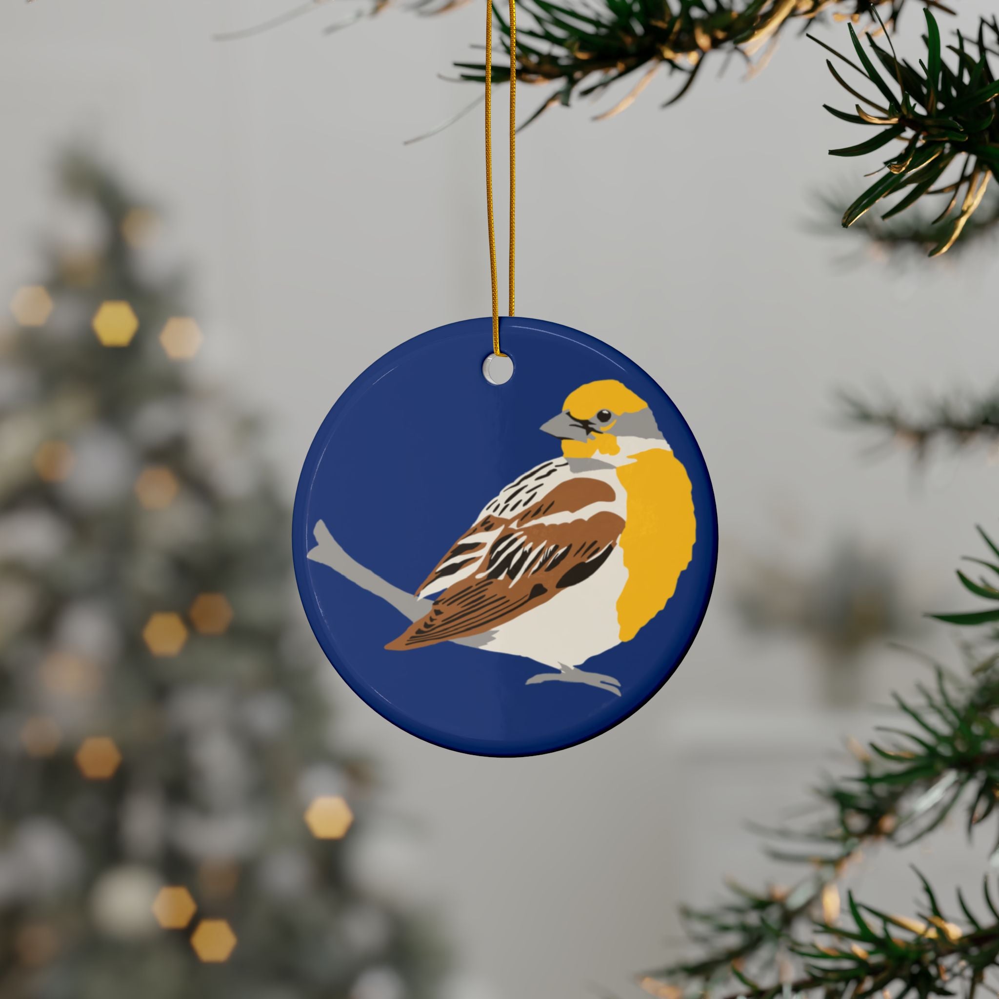 Ceramic Bird Ornament – Double-Sided Dickcissel Design (Round Holiday Tree Decoration)