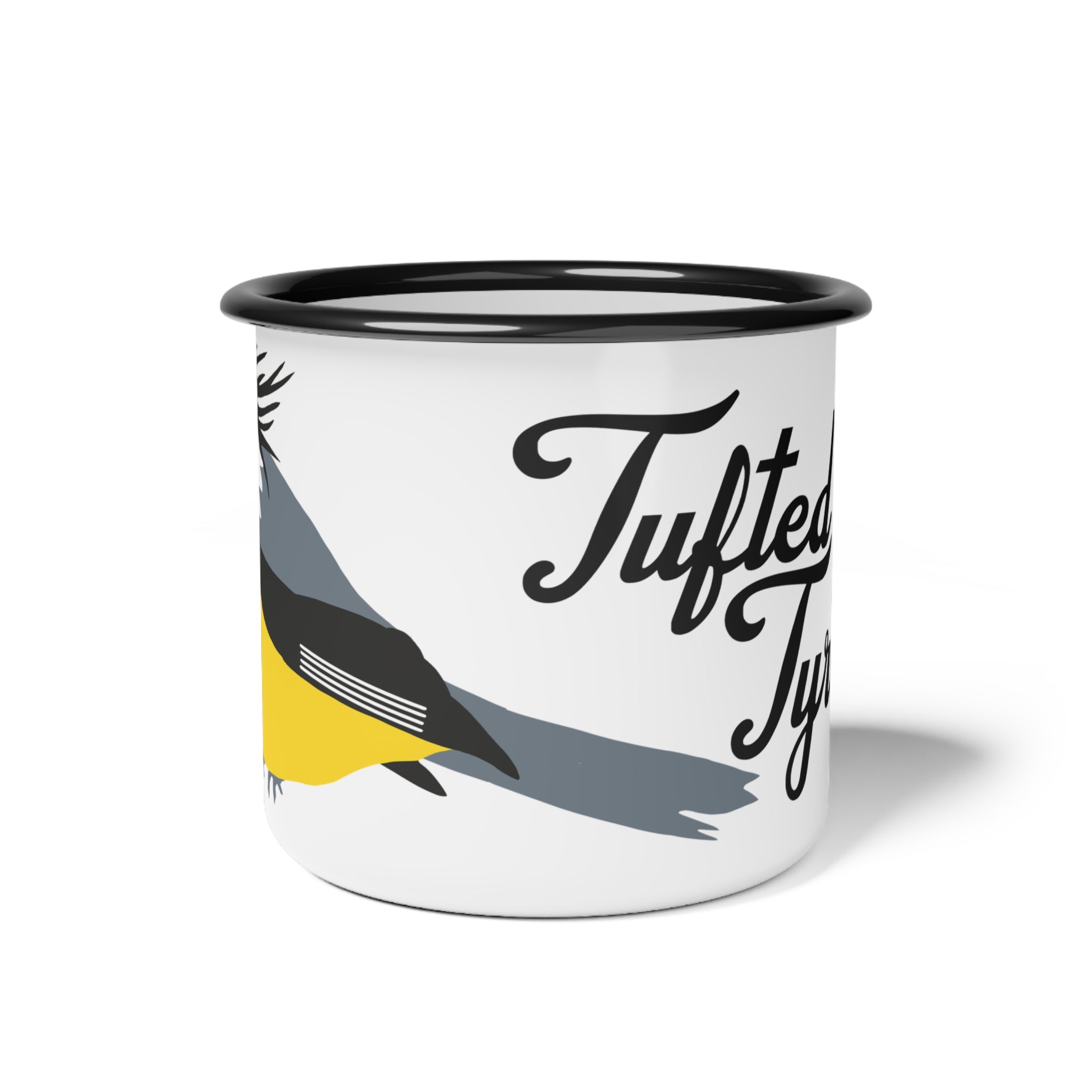 Tufted Tit Tyrant Enamel Camp Cup — Funny Birding Coffee Mug