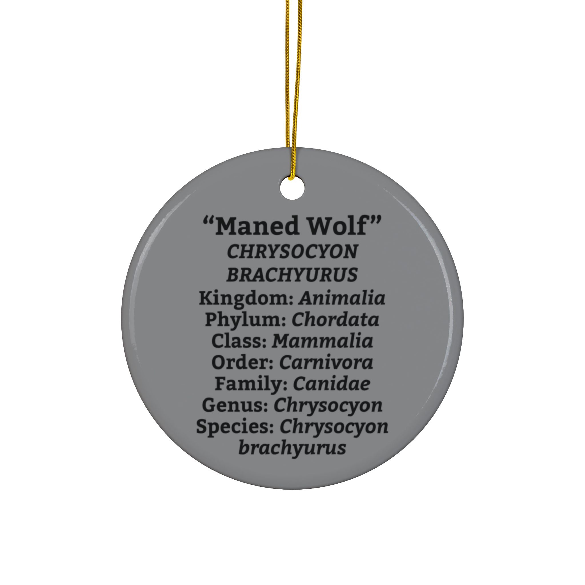 Ceramic Maned Wolf Ornament — Double-Sided Scientific Name Holiday Decor